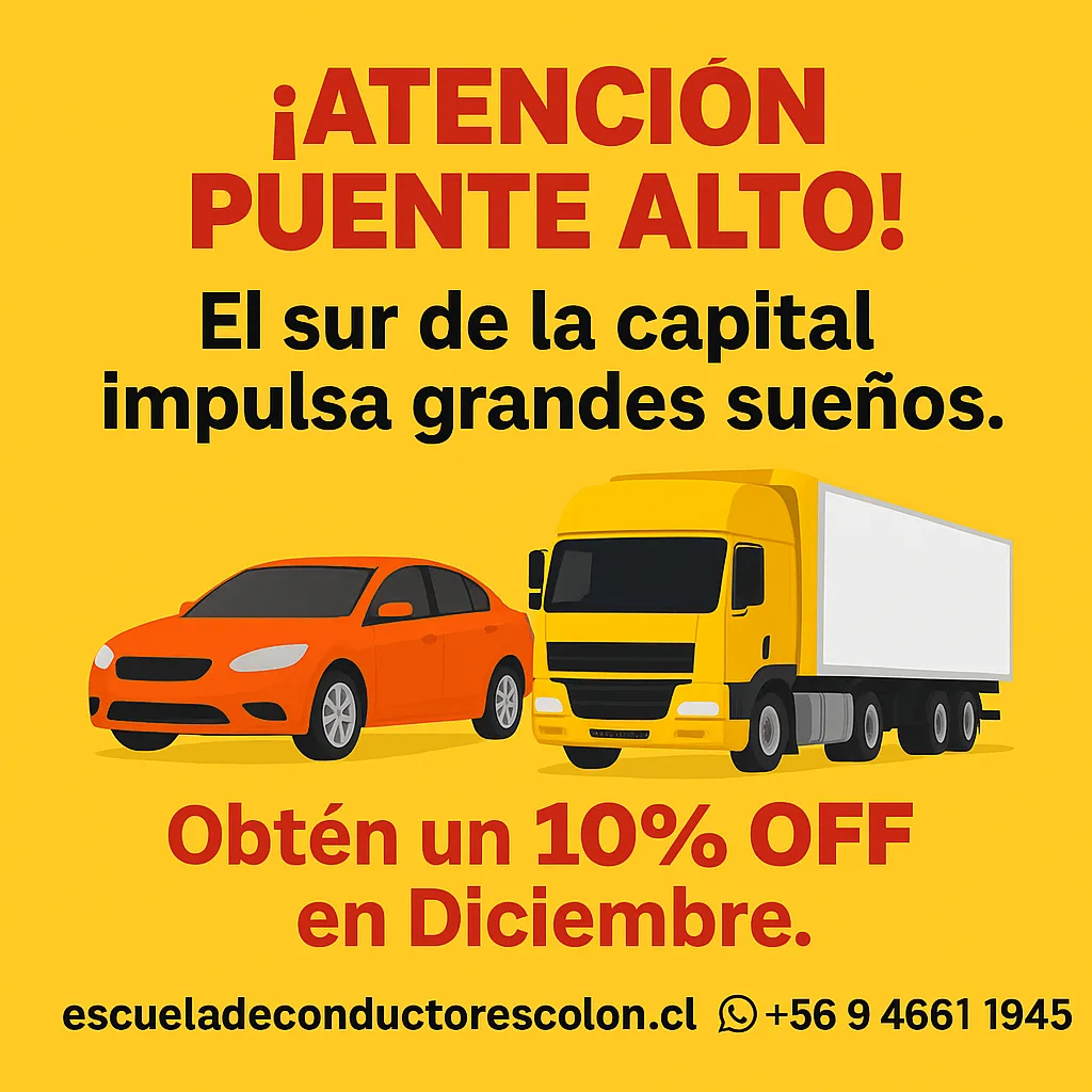 PROMO DICIEMBRE
El sur de la capital impulsa grandes sueños.
Fórmate con el Curso A2 o A4 y obtén tu 10% de descuento por ser de la comuna de Puente Alto. 